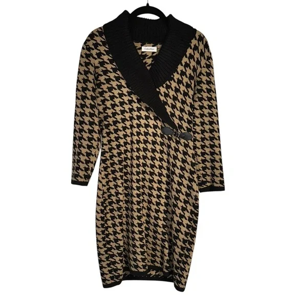 CALVIN KLEIN Black & Tan Houndstooth Sweater Dress Buckle STRETCH Women's Small - Picture 2 of 8